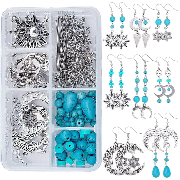 1 Box DIY 8 Pairs Star Moon Sun Dangle Earrings Making Kit Turquoise Beads Jewelry Making Accessories Supplies Style Charms DIY Making Kits for Beginner Adults Silver Instruction colorful DIY