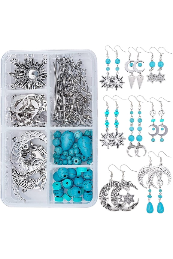 1 Box DIY 8 Pairs Star Moon Sun Dangle Earrings Making Kit Turquoise Beads Jewelry Making Accessories Supplies Style Charms DIY Making Kits
