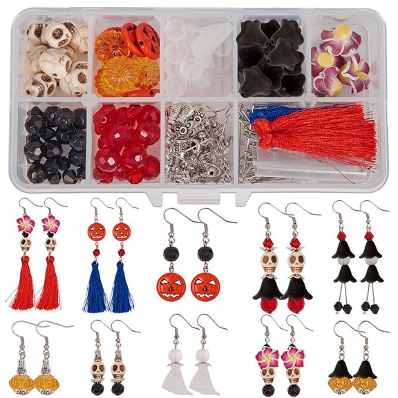 1 Box DIY 8 Pairs Themed Earring Making Kits Alloy Charms Bat Magic Hat Spider Pumpkin Charms & Earring Hooks for Women Beginners Instruction