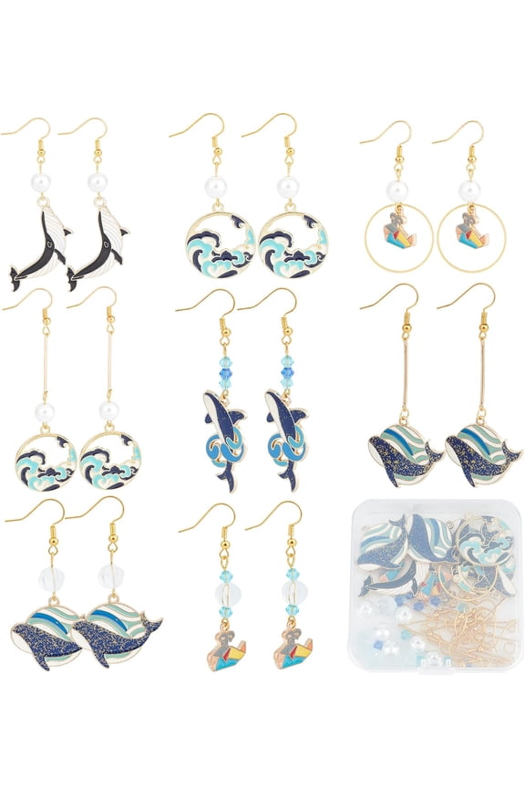 1 Box DIY 8 Pairs Whale Charms Enamel Wave Charm Summer Ocean Earrings Making Starter Kit Blue Sea Flat Round Charms Animal Charm Linking Rings DIY