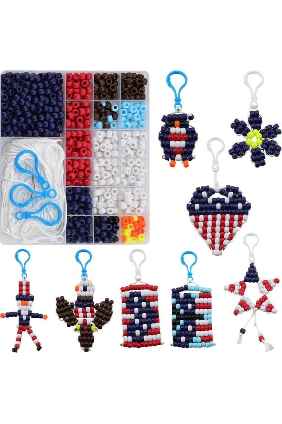 1 Box DIY 8 Sets Bead Pet Kit 6x8mm Pony Beads Keychain Making Kit Independence Day 4th of July American Flag Pony Beads Pattern Eagle Key Chain Pony Beads Craft Kit for Art Crafts Gifts