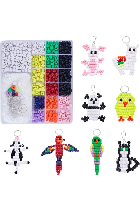 1 Box DIY 8 Sets Bead Pets Bead Animals Keychain Kit Video Tutorials 8mm Large Hole Pony Beads Farm Animal Shapes Duck Sheep Cow Panda Beaded Animal Key Chains Cord for DIY Crafts Gift Mixed Color