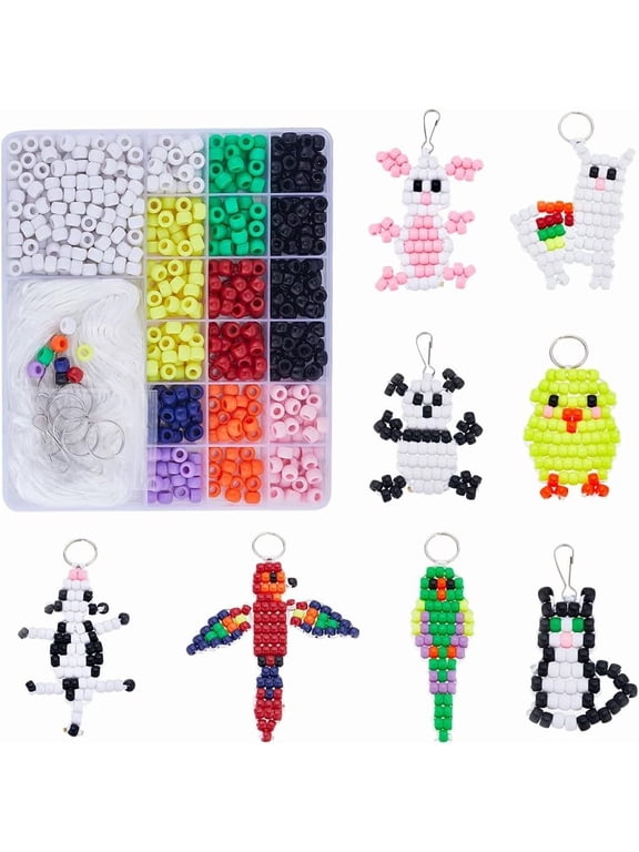 1 Box DIY 8 Sets Bead Pets Bead Animals Keychain Kit Video Tutorials 8mm Large Hole Pony Beads Farm Animal Shapes Duck Sheep Cow Panda Beaded Animal Key Chains Cord for DIY Crafts Gift for DIY