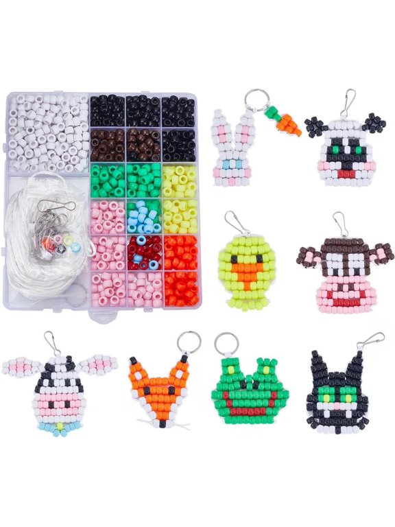 1 Box DIY 8 Sets Bead Pets Bead Craft Kit Bead Animals Keychain Kit 8mm Pony Beads Bulk Video Tutorials Farm Animal Duck Frogs Cow Opaque Plastic Pony Beads Set for Crafts