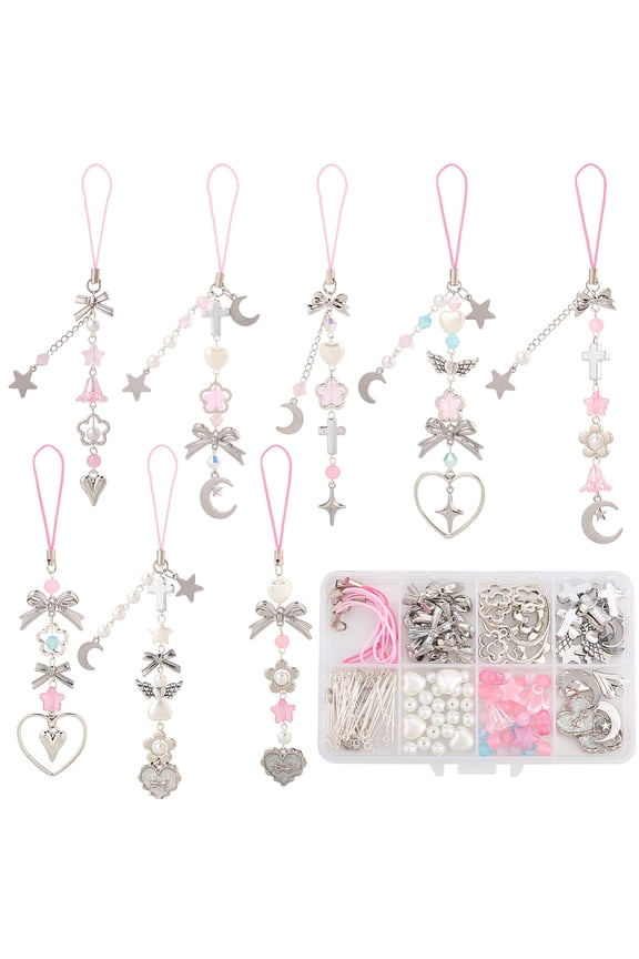 1 Box DIY 8 Sets Phone Charm Kit Phone Charms Strap Cute Kawaii Bowknot Phone Keychain Pendants Wing Heart Star Pink Beads