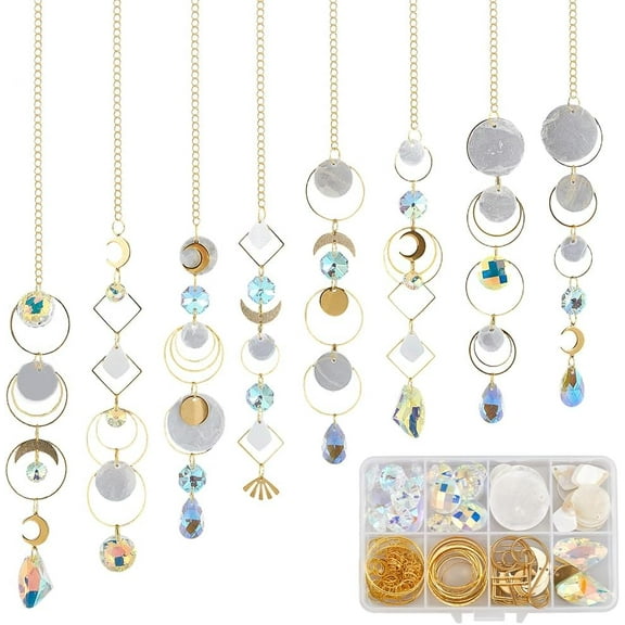 1 Box DIY 8 Sets Suncatcher DIY Kits Rainbow Maker Suncatcher Hanging Gold Moon Summer Capiz Shell Colorful Glass Rainbow Maker Sun Catchers for Window Indoor Outdoor Door Decors