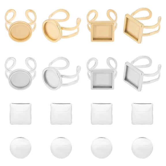 1 Box DIY Blank Dome Ring Making Finding Kit Including Square & Flat Round 201 Stainless Steel Cuff Pad Ring Settings Glass Cabochons Golden &