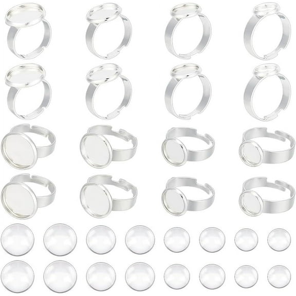 1 Box DIY Blank Dome Ring Making Kit Including Adjustable 201 Stainless Steel Ring Settings Half Round Glass Cabochons Stainless Steel Color 32Pcs/box