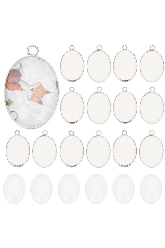 1 Box DIY Blank Oval Dome Pendant Making Kit Including 304 Stainless Steel Pendant Settings Glass Cabochons Stainless Steel Color 80Pcs/box