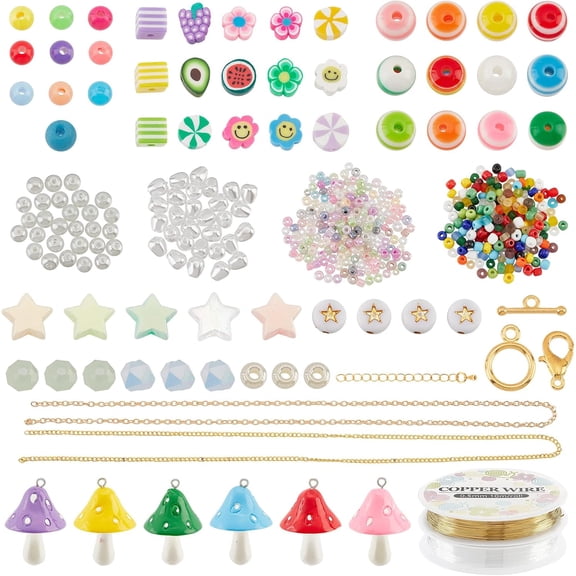 1 Box DIY Candy Color Bracelet Necklace Making Kit Including Resin Mushroom Pendants Iron Chain Necklace Making Mixed Color