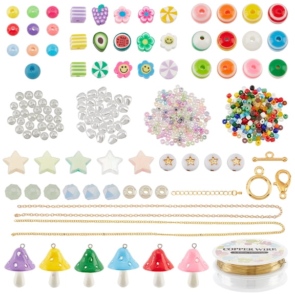 1 Box DIY Candy Color Bracelet Necklace Making Kit Including Resin Mushroom Pendants Round & Flower & Fruit Polymer Clay & Resin & Acrylic &