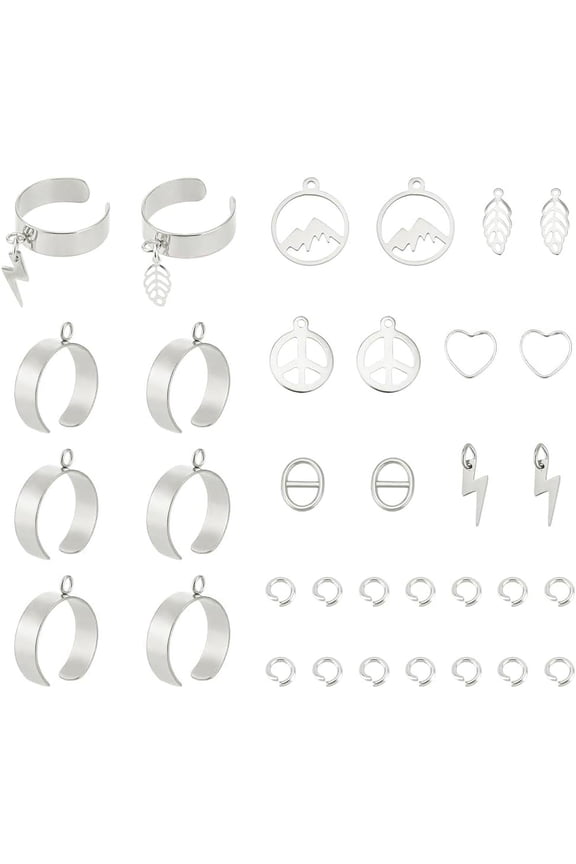 1 Box DIY Charm Cuff Ring Making Kit Including 304 Stainless Steel Loop Ring Base & Pendants Alloy Buckles Leaf & Mountain & Peace Sign Stainless Steel Color 44Pcs/box