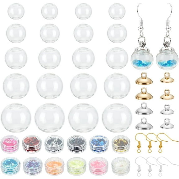 1 Box DIY Glass Ball Dangle Earring Making Kit Including Blown Glass Globe Ball Bottles Brass Pendant Bails & Earring Hooks Sequins/Paillette Mixed Color