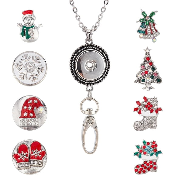 1 Box DIY Interchangeable Christmas Office Lanyard ID Badge Holder Necklace Making Kit Including Snowman Alloy Snap Buttons Snap Keychain Making