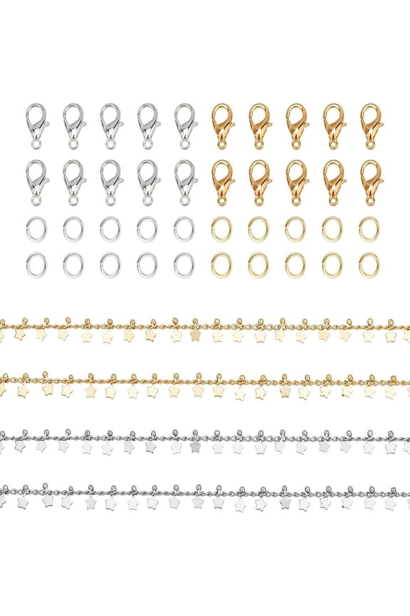1 Box DIY Jewelry Making Kits Including Handmade Brass Curb Chains with Star Charms & Jump Rings Brass Lobster Claw Clasps Star Mixed Color 3x2x1mm 1m/style 2 style 2m