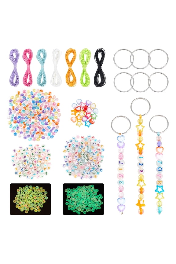 1 Box DIY Keychain Making Crafts Kits 304 Stainless Steel Split Key Rings Luminous Acrylic Letter Number Beads Waxed Polyester Cord