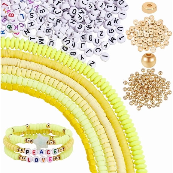 1 Box DIY Letter Beads Jewelry Making Finding Kit Including Polymer Clay Heishi & Plastic Round Yellow 1537~1702Pcs/box