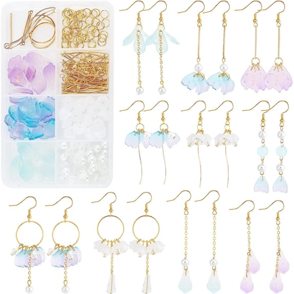 1 Box DIY Make 10 Pairs Flower Dangle Earrings Making Kit Petal Glass Pendants Acrylic Bead Caps Glass