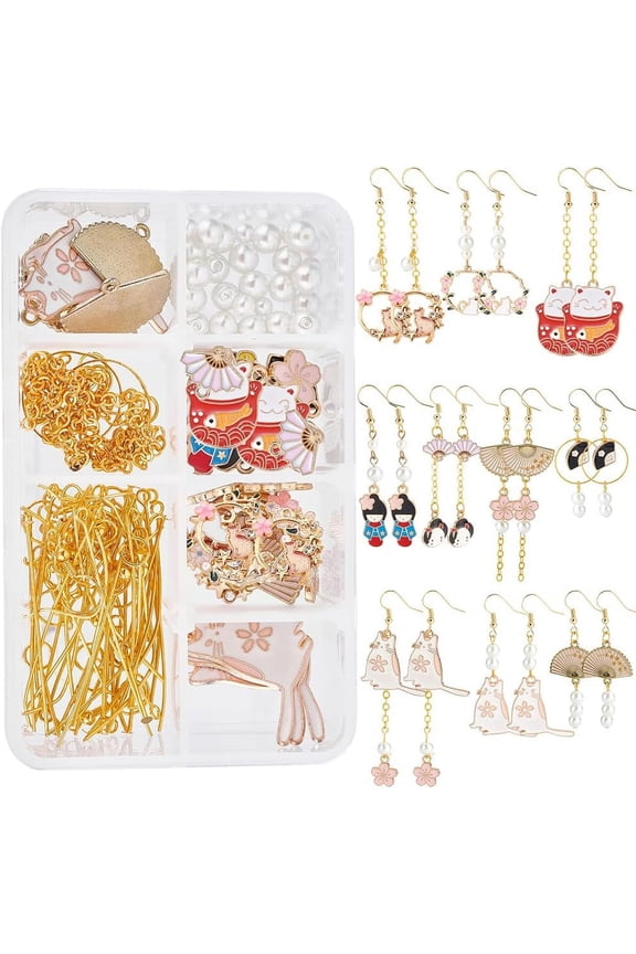 1 Box DIY Make 10 Pairs Flower Kitten Fan Earrings Making Kit Alloy Enamel Flower Kitten Charm with Jump Rings & Earring Hooks for Earring Jewelry Making Supplies Craft Golden DIYDIY