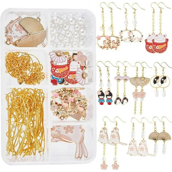 1 Box DIY Make 10 Pairs Flower Kitten Fan Earrings Making Kit Alloy Enamel Flower Kitten Charm with Jump Rings & Earring Hooks