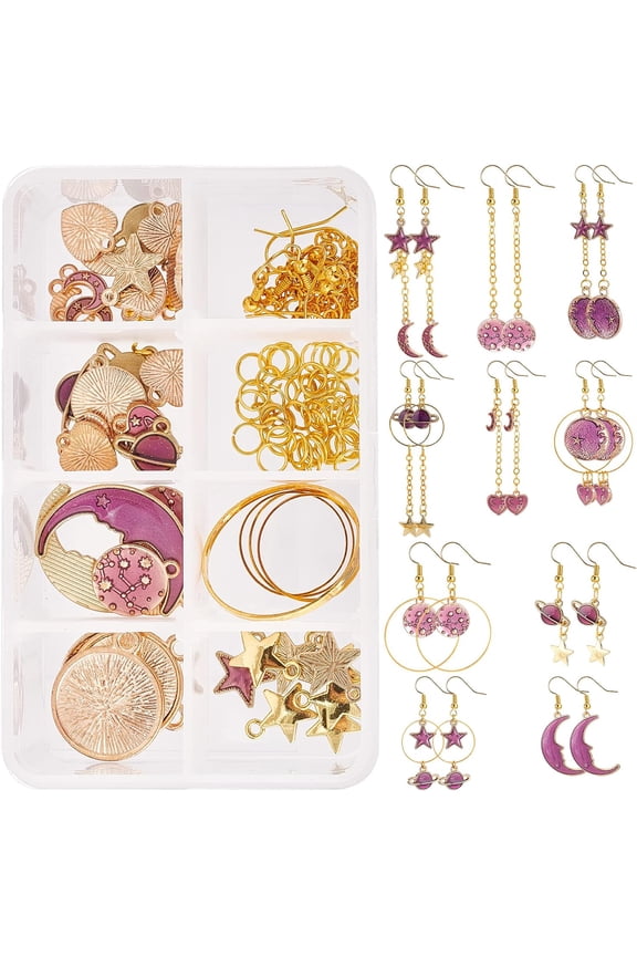 1 Box DIY Make 10 Pairs Star Moon Earrings Making Kit Enamel Flat Round Heart Charms Linking Rings Earring Findings