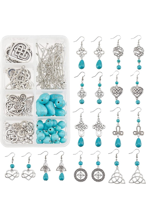 1 Box DIY Make 10 Pairs Trinity Knot Earring Making Starter Kit Tibetan Style Celtic Knot Links Charms Heart Pendant Turquoise Beads Findings for Women Adults DIY Earring Jewellery Making DIY