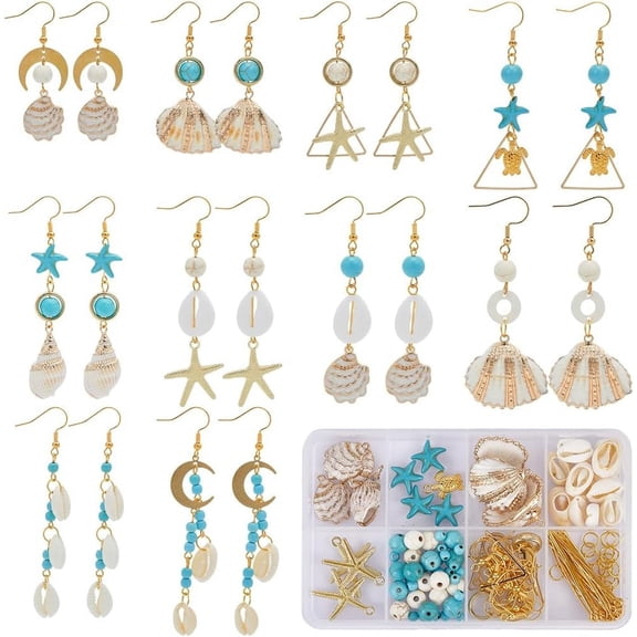 1 Box DIY Natural Shell Dangle Earrings Making Kit Synthetic Turquoise & Magnesite Ocean Theme Earrings Mixed Color 4~35x4~28x0.5~10mm Hole: 1~2mm