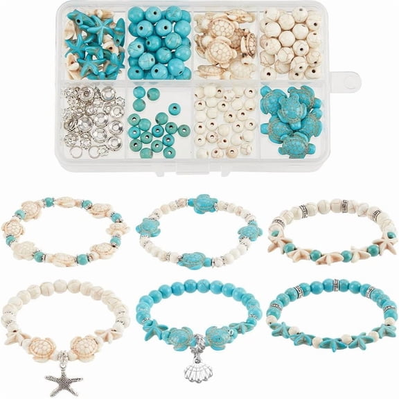 1 Box DIY Ocean Theme Bracelet Making Kit Including Turquoise Starfish Alloy Flower Space Beads & Pendants Mixed Color 218Pcs/box