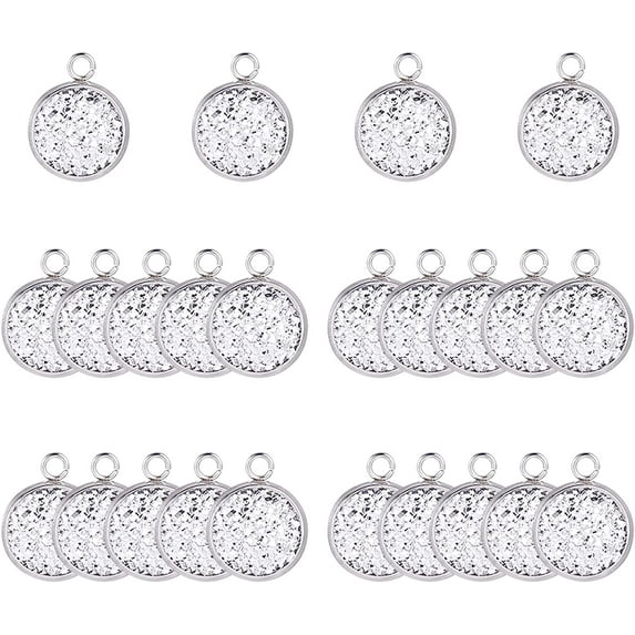 1 Box DIY Pendant Jewelry with 304 Stainless Steel Cabochon Connector Settings and Resin Cabochons Imitation Druzy Agate Stainless Steel Color 16.5x13.5x2mm Hole: 2.5mm Cabochon: 12x3mm 60pcs/box