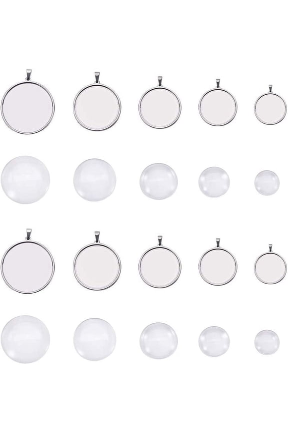 1 Box DIY Pendant Making with 304 Stainless Steel Pendant Cabochon Settings and Transparent Glass Cabochons Stainless Steel Color 118x72x35mm