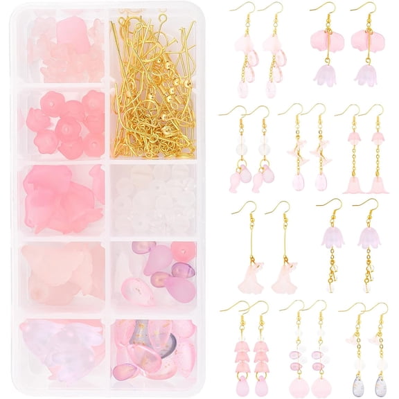 1 Box DIY Pink Style Earring Making Kits Including Acrylic Pendants Beads Bead Caps Charms Glass Charms Beads Cable Chains and Findings Golden