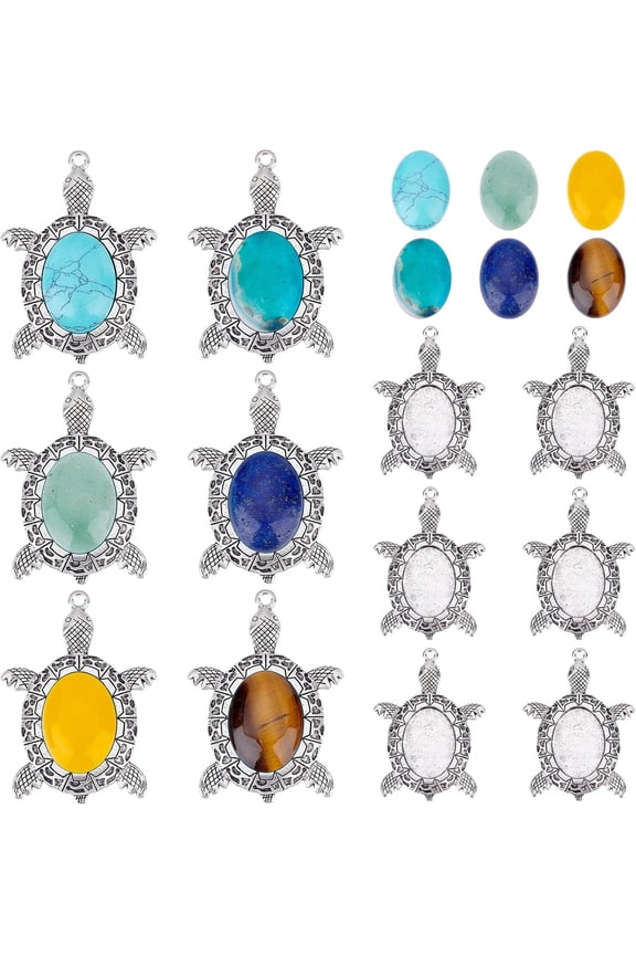 1 Box DIY Turtle Pendant Making Kits Including Alloy Pendant Cabochons Settings Oval Cabochons 12pcs/box