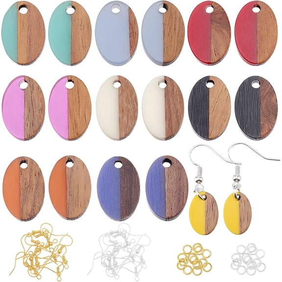 1 Box DIY Walnut Wooden Dangle Earring Making Kits 18Pcs 9 Colors Oval Resin Walnut Wood Pendants Brass Earring Hooks Jump Rings Mixed Color