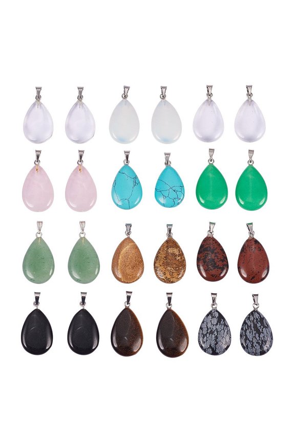 1 Box Drop Gemstone Pendants with Platinum Tone Brass Finding 25~29x16~17x5~6mm Hole: 2x7mm