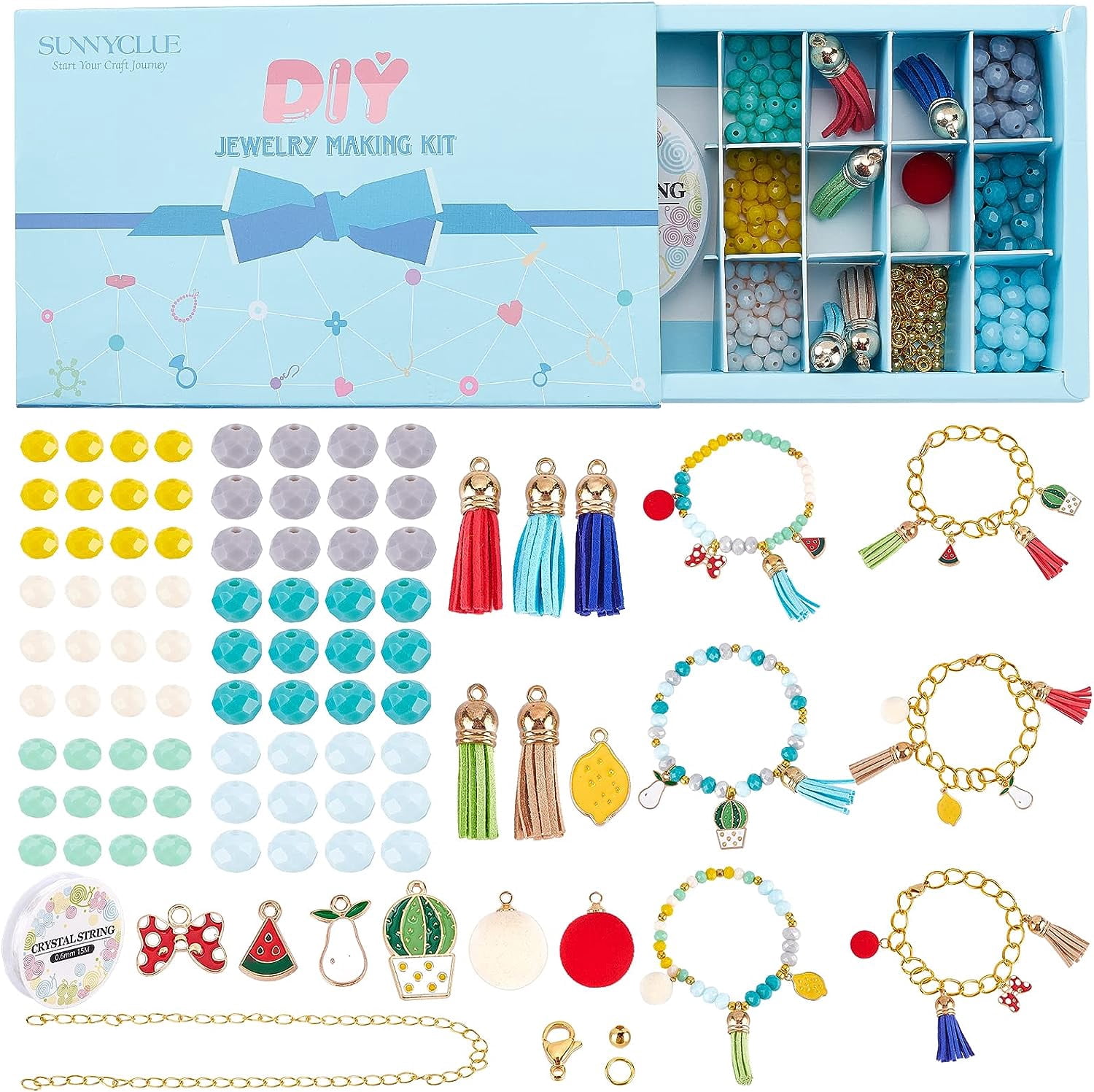 1 Box Enamel Fruit Charms Faceted Glass Beads Bulk Cable Chain Beading Bracelet Making Kit Rondelle Glass Bead Suede Tassels for Jewelry Making Elastic Thread Necklace Supplies Beginners Multi-color