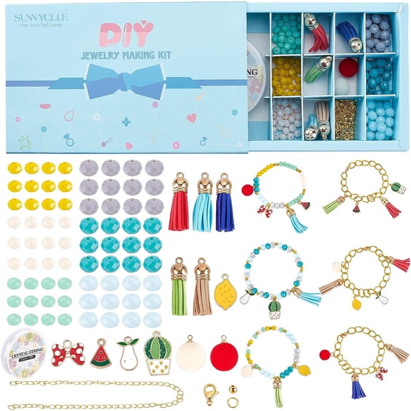 1 Box Enamel Fruit Charms Faceted Glass Beads Bulk Cable Chain Beading Bracelet Making Kit Rondelle Glass Bead Suede Tassels