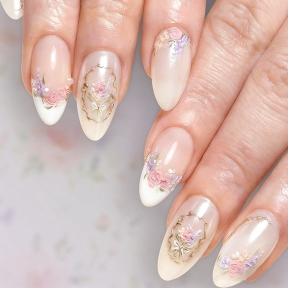 1 Box Floral French Tip False Nails Gradient Gold Accents Lightweighted Comfortable Wear for Elegant Occasion