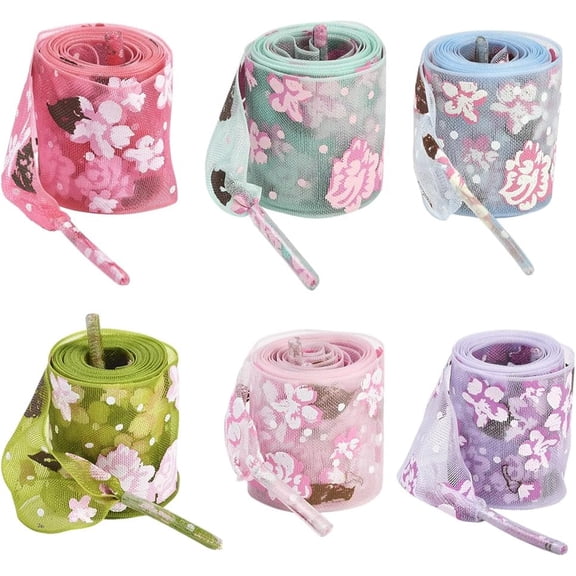 1 Box Floral Shoe Laces Silk Shoe Laces Bulk Small Flower Pattern Pink Blue Green Transparent Polyester Spring Soft Flat Tulle Shoestring Shoelace Sneakers Accessories for Women Boots Decor