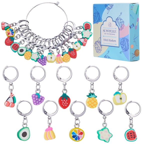 1 Box Fruit Theme Stitch Markers Handmade Polymer Clay Crochet Leverback Hoop Charms Mixed Color 2.7~3.2cm 10 style 4pcs/style 40pcs/box