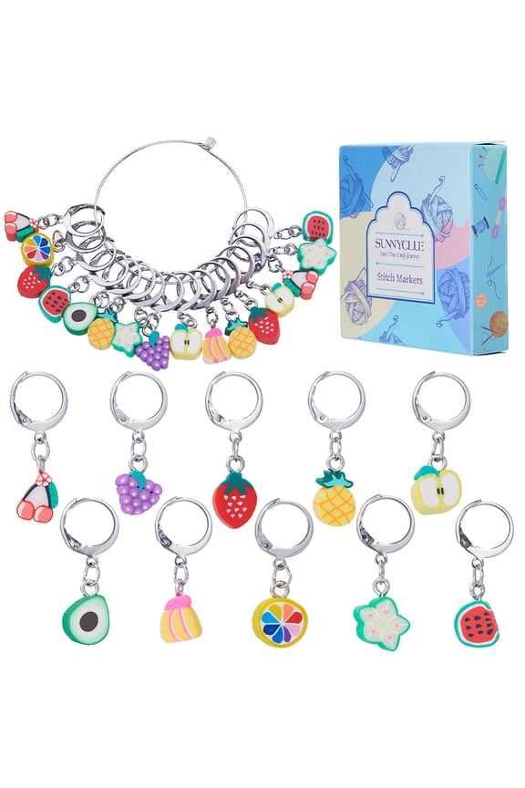 1 Box Fruit Theme Stitch Markers Handmade Polymer Clay Crochet Leverback Hoop Charms Mixed Color 2.7~3.2cm 10 style 4pcs/style 40pcs/box