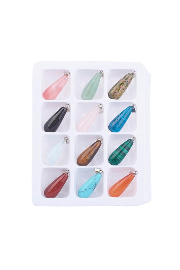 1 Box Gemstone Pendants with Brass Clasps Mixed Stone teardrop Mixed Color 30x11mm Hole: 6x2mm 12pcs/box