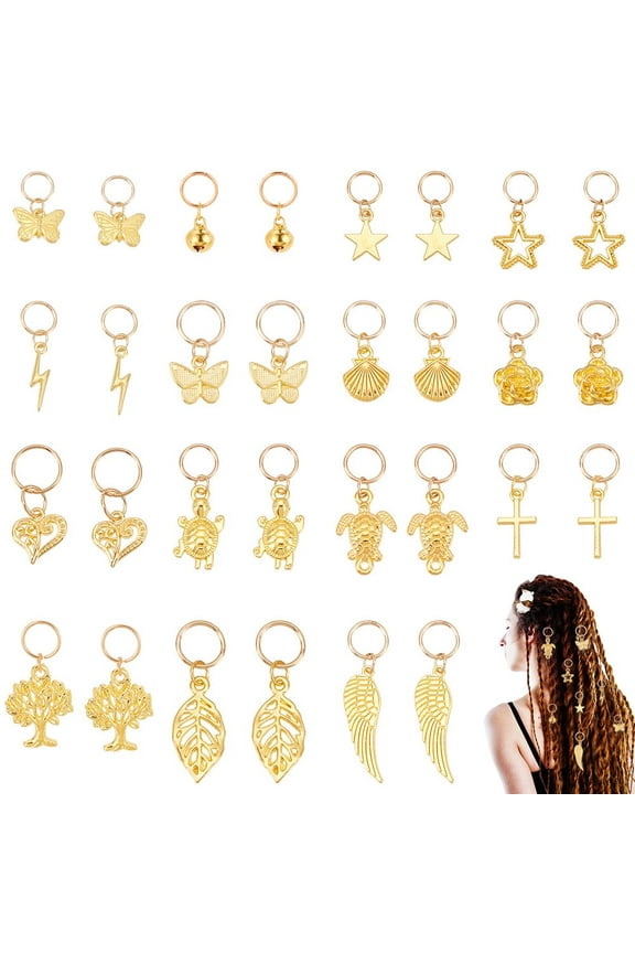 1 Box Hair Braid Rings Set Hair Jewelry Rings Include Alloy Pendants & Jump Rings for Hair Styling Bell & Shell & Tortoise Golden 2.3~4.1cm 30pcs/box