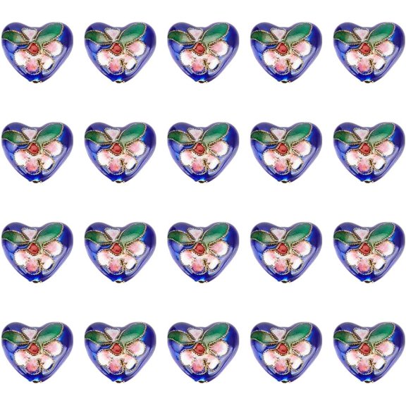 1 Box Handmade Cloisonne Beads Heart with Flower Blue 13~14x16x8mm Hole: 1.5mm 20pcs/box