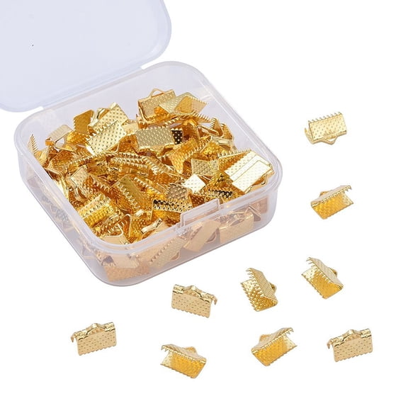 1 Box Iron Ribbon Crimp Ends Lead Free Golden 7x10mm Hole: 2mm 100pcs/box