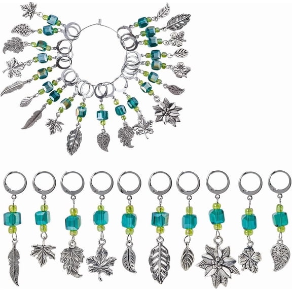 1 Box Leaf Alloy & Glass Pendant Locking Stitch Markers with 304 Stainless Steel Leverback Earring Findings Sea Green 5~6.1cm 20pcs/set