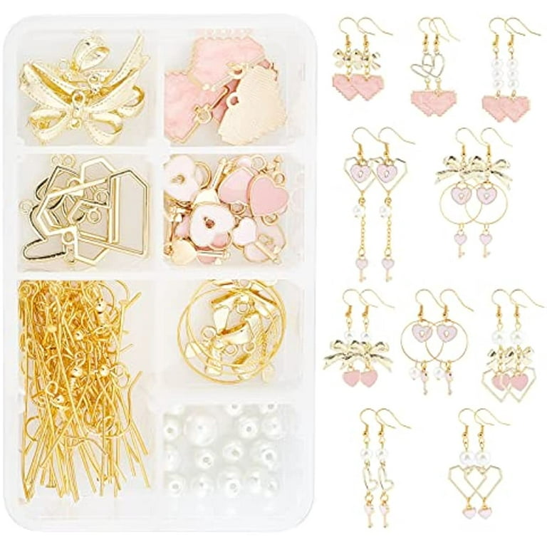 1 Box Make 10 Pairs Pink Heart Dangles Earring Making Kit Heart Pendants  Charms Glass Pearl Beads with Earring Hooks for Women Beginners DIY Jewelry  Making Golden 