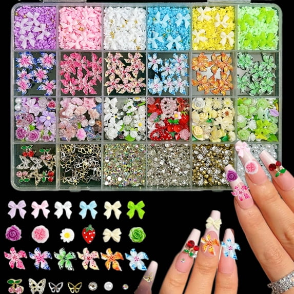 1 Box Of Colorful Dopamine Resin Hibiscus Flowers Rose Bows Alloy Cherry Butterflies Shiny Rhinestones Nail Charms Manicure DIY Accessories