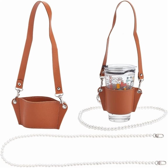 1 Box PU Leather Heat Resistant Reusable Cup Sleeve with Zinc Alloy Clasps Sandy Brown Bag Handle: 100cm 1pc Cup Sleeve: 30.8cm