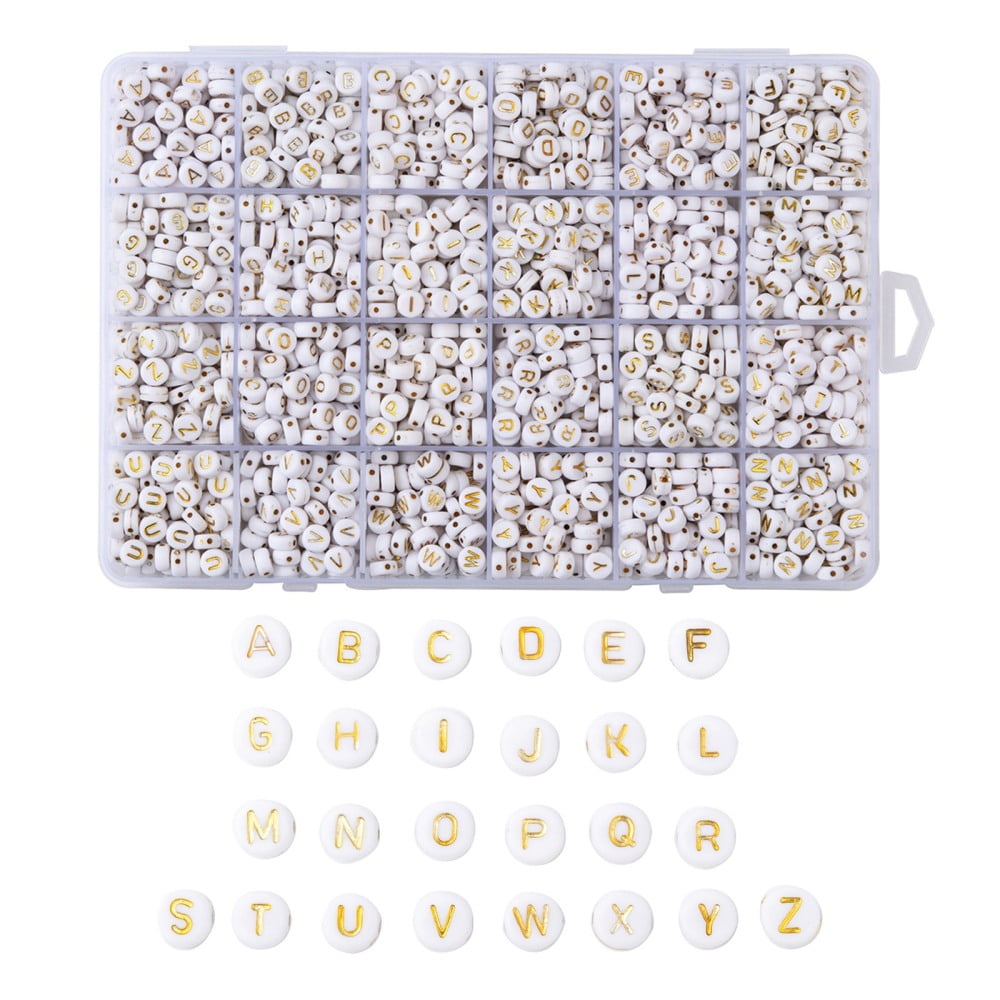 1 Box Plating Acrylic Beads Golden Metal Enlaced Horizontal Hole White Letter A~Z 7x3.5mm Hole: 1.2mm 26letters about 73pcs/letter