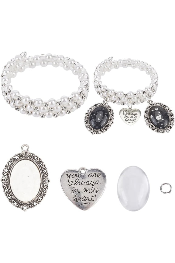 1 Box Silver Bouquet Picture Charm Wedding Memorial Charms Personalized Heart Photo Bridal Oval Cabochon Pearl Rhinestone Charms Kits for Wedding Bride Groom Party Gifts Flowers Diy Supplies for DIY